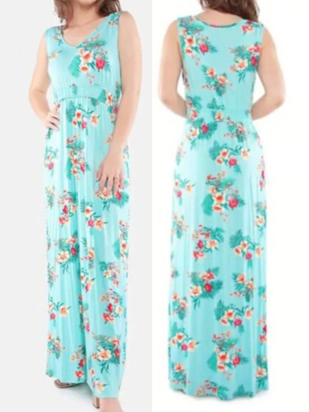 OLIVE & OAK LULUS Sleeveless Floral Maxi Dress Aqua Blue Pink Tropical Hawaiian